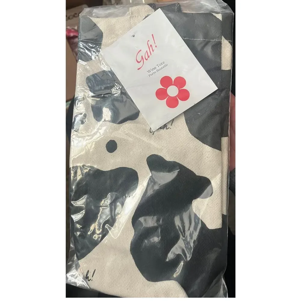 Gah! Cow Print Wine Tote – Black White Canvas Bottle Carrier NWT - Picture 2 of 2
